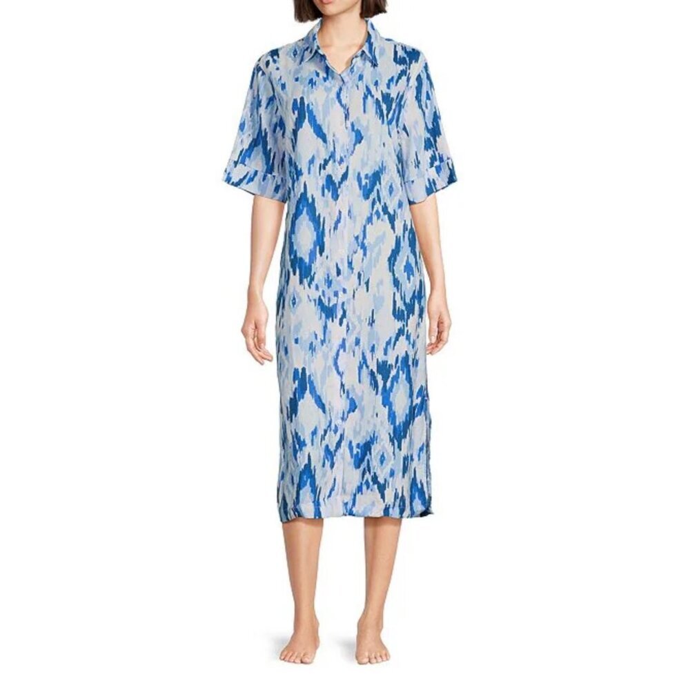 NWT Nottibianche Large Blue Short Sleeve Button-Down Long Shirt Dress/Caftan